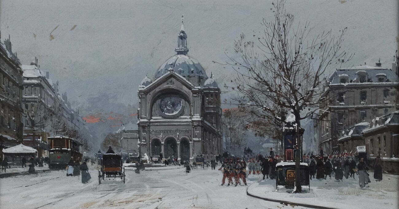 Biserica Saint-Augustin din Paris sub zăpadă, într-un tablou de Jacques Liévin