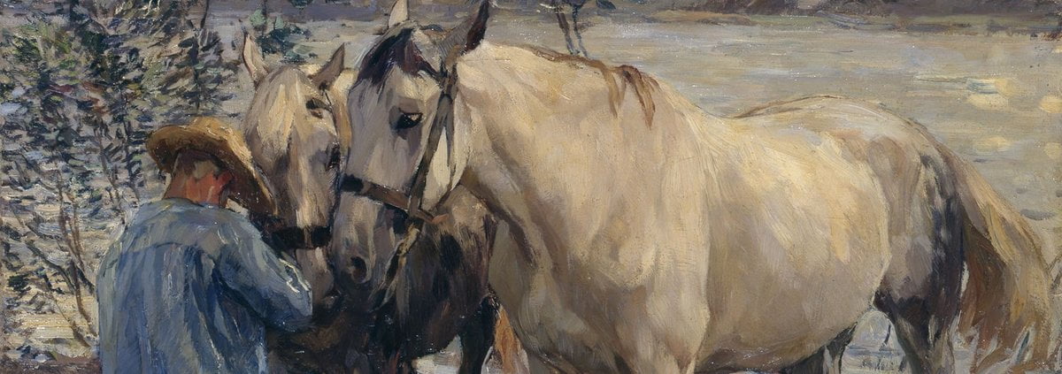 Pictură, Emanuel Hegenbarth, "Two white horses at the river", 1908, Curatorial