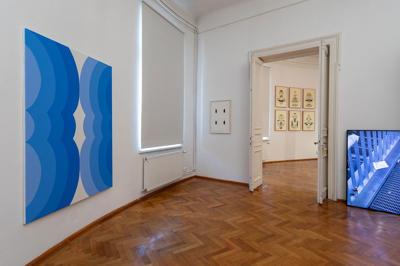 installation view mihaela hudrea, turbulence, 2023, and 8888, 2022 (left), and flaviu cacoveanu, untitled (receipt), 2020 (right)