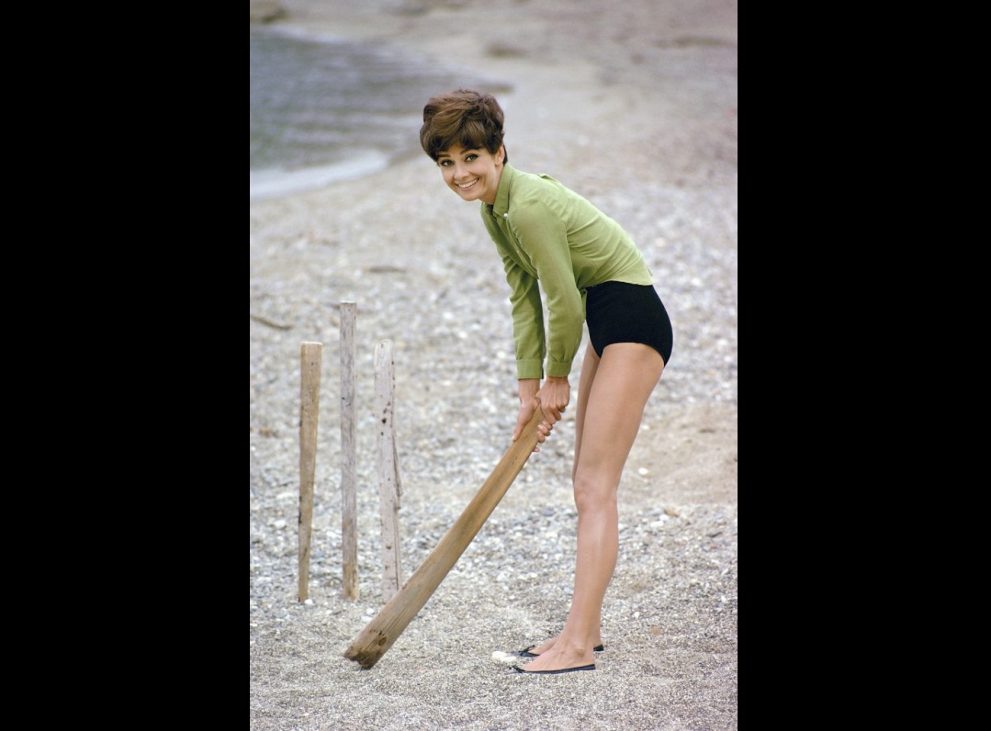 1966 terry oneill ‘audrey hepburn playing cricket during a break from filming two for the road in france