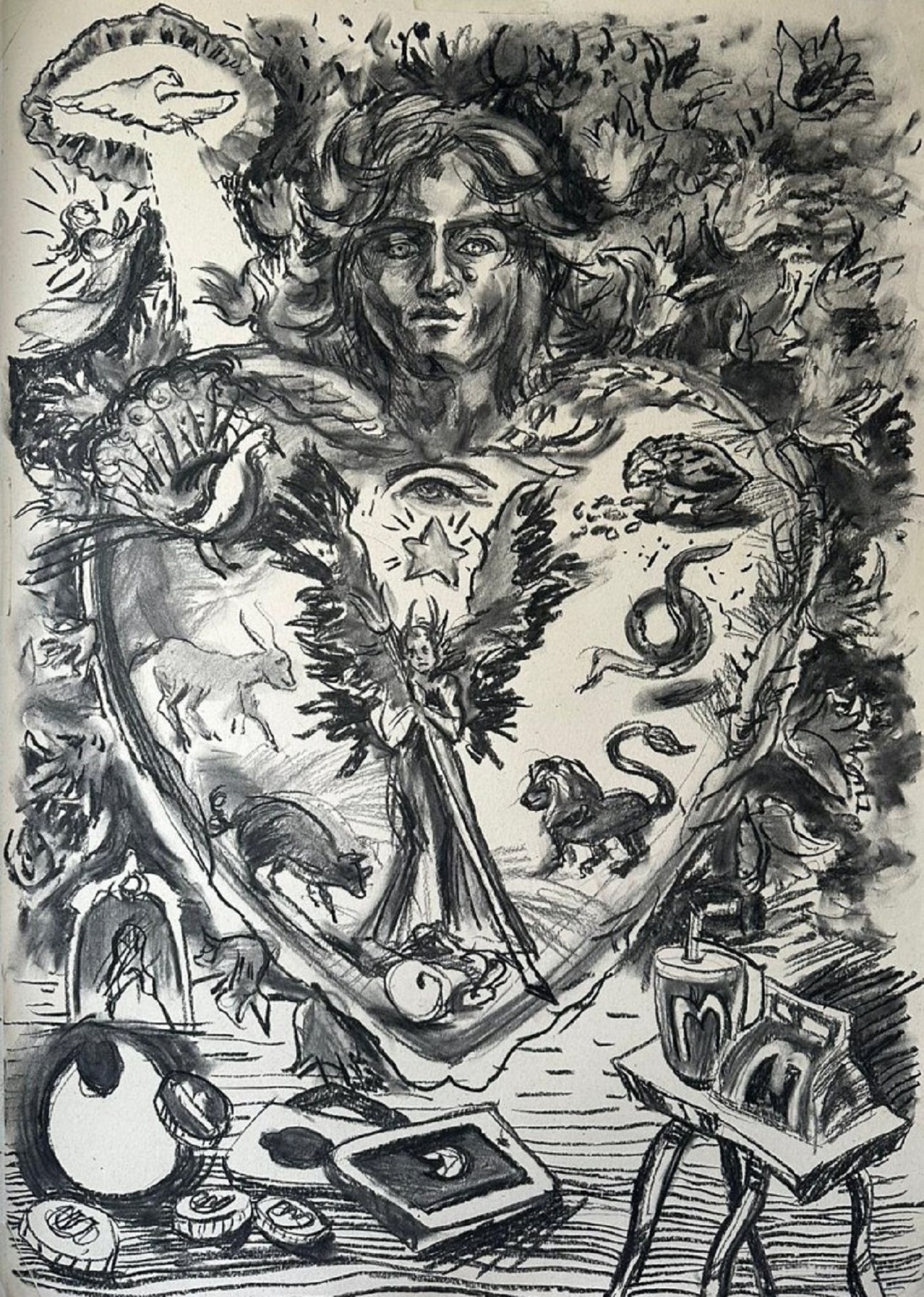ilina schileru, 7 sins, charcoal on paper, 100x70 cm, 2023