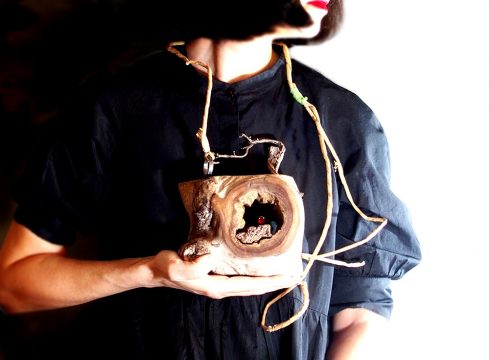 silvia cruceru, necklace 2021 wood, bronze gold plated, silver synthetic stones, paper rope 16 13cm