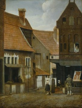 jacobus vrel scene de rue avec une boulangerie pres dun rempart