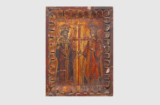 icoana lemn sfintii imparati constantin si elena, epoca constantin bancoveanu, inc sec. xviii