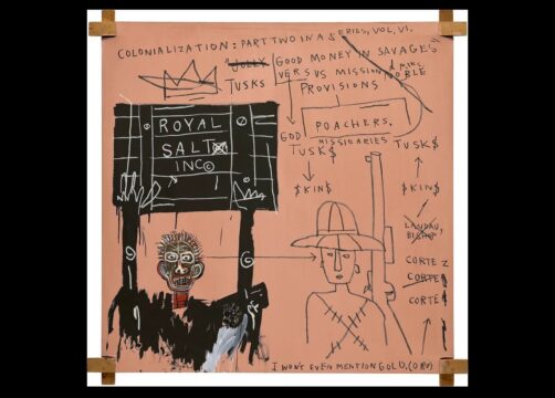 jean michel basquiat 1982 native carrying some guns, bibles, amorites on safari
