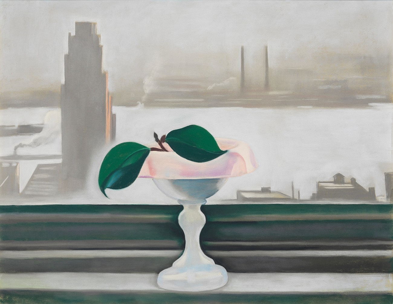 pink dish and green leaves, 1928–29, georgia o’keeffe museum.