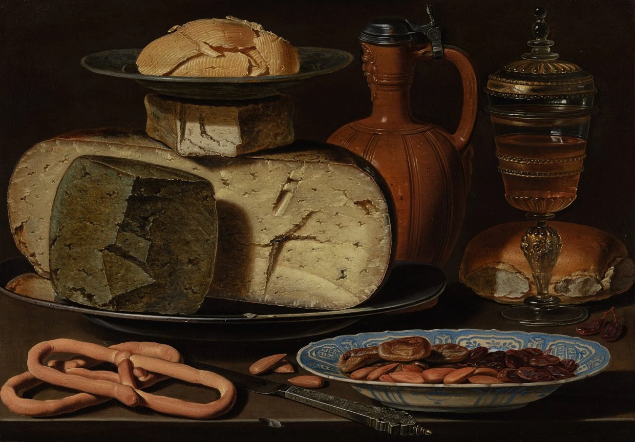 still life with cheeses, almonds and pretzels (1615), mauritshuis, haga