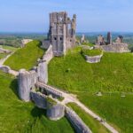 corfe,castle,,dorset.,united,kingdom.,05112024,a,fine,spring,aerial