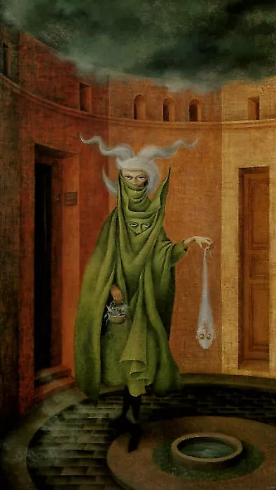 remedios varo, woman leaving the psychoanalyst, 1960