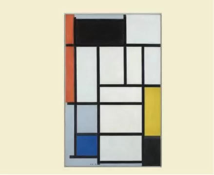 piet mondrian composition with red, black, yellow, blue and gray