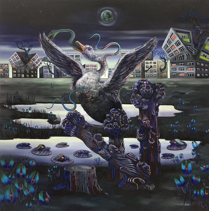 emma păvăloaia, telling lies under the moonlight, oil on linen, 149x149cm, 2025