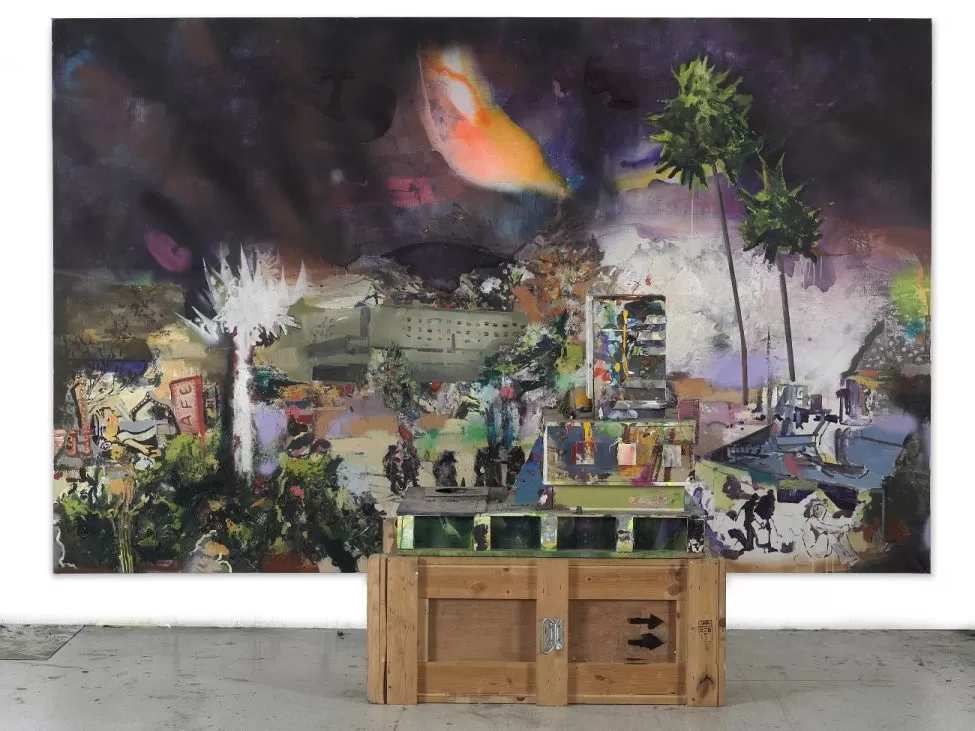 marius bercea untitled, 195x300x70cm, oil on canvas, wood crate, plastic figures, wood, 2019