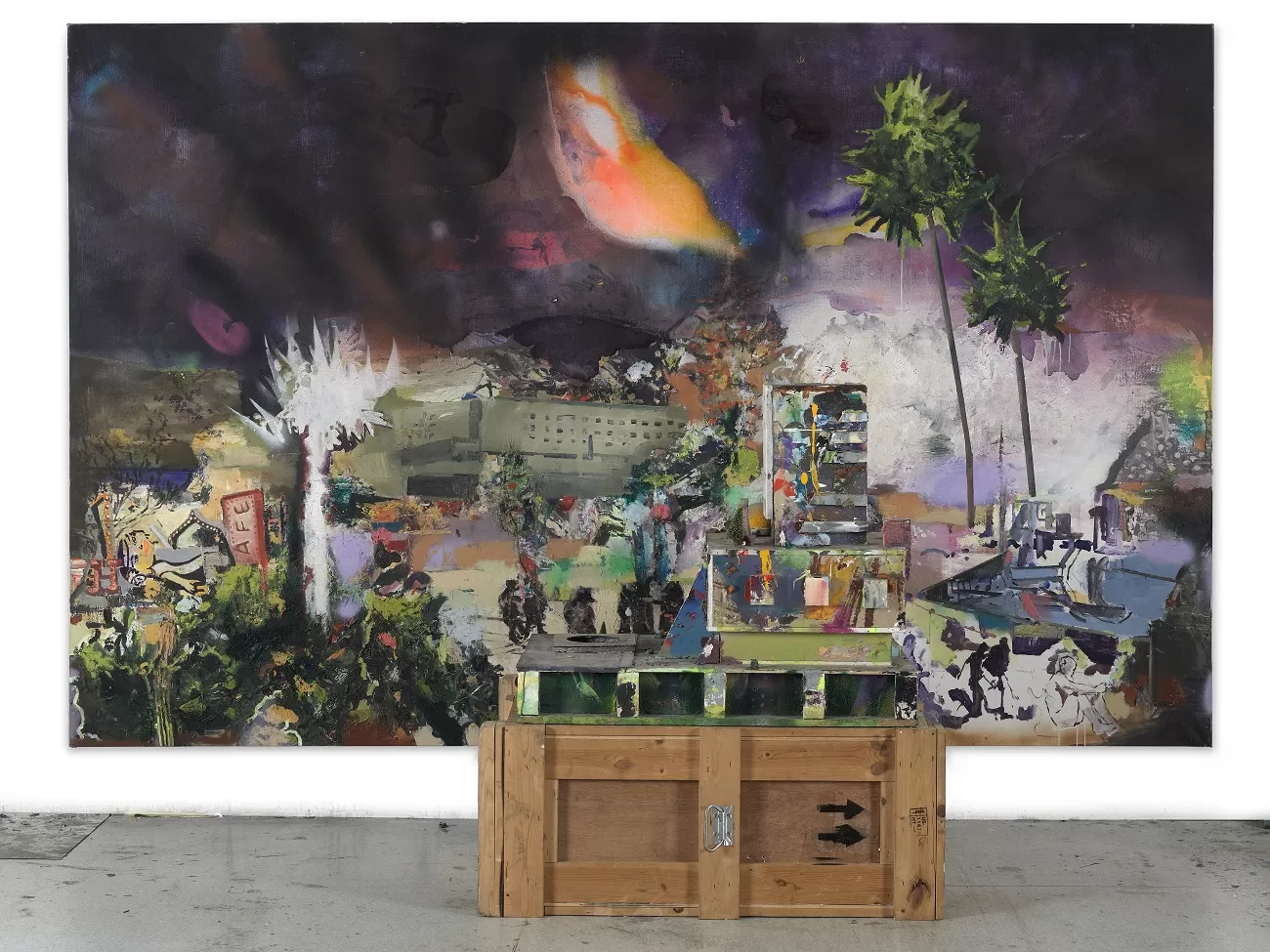 marius bercea untitled, 195x300x70cm, oil on canvas, wood crate, plastic figures, wood, 2019