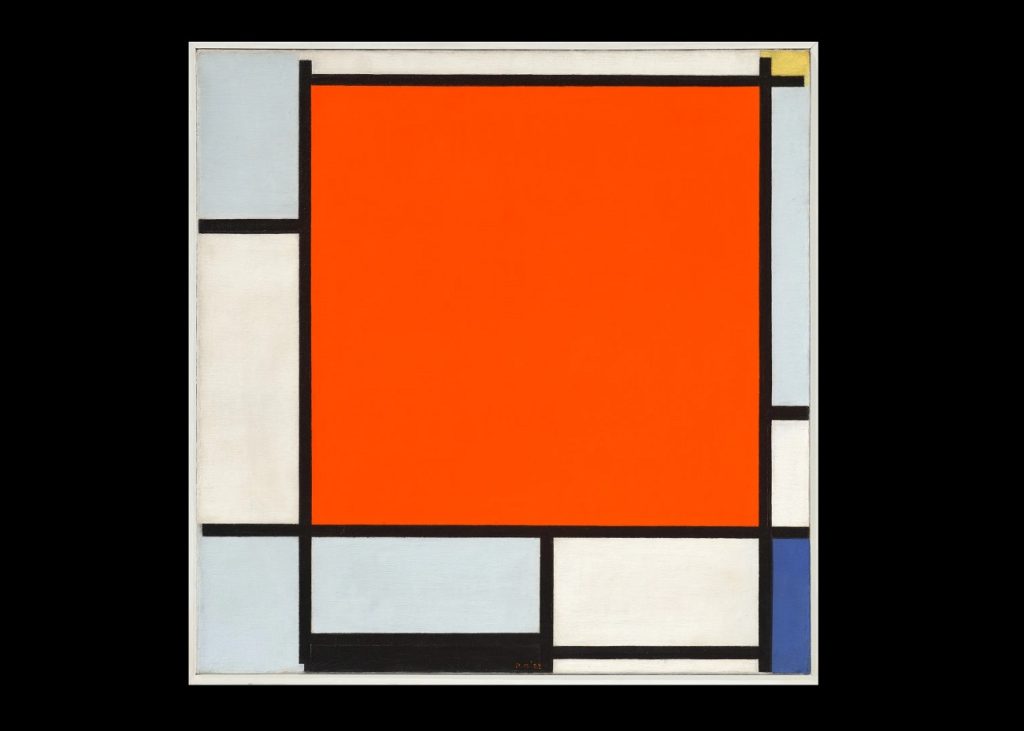 piet mondrian composition with large red plane bluish gray yellow black and blue, christies