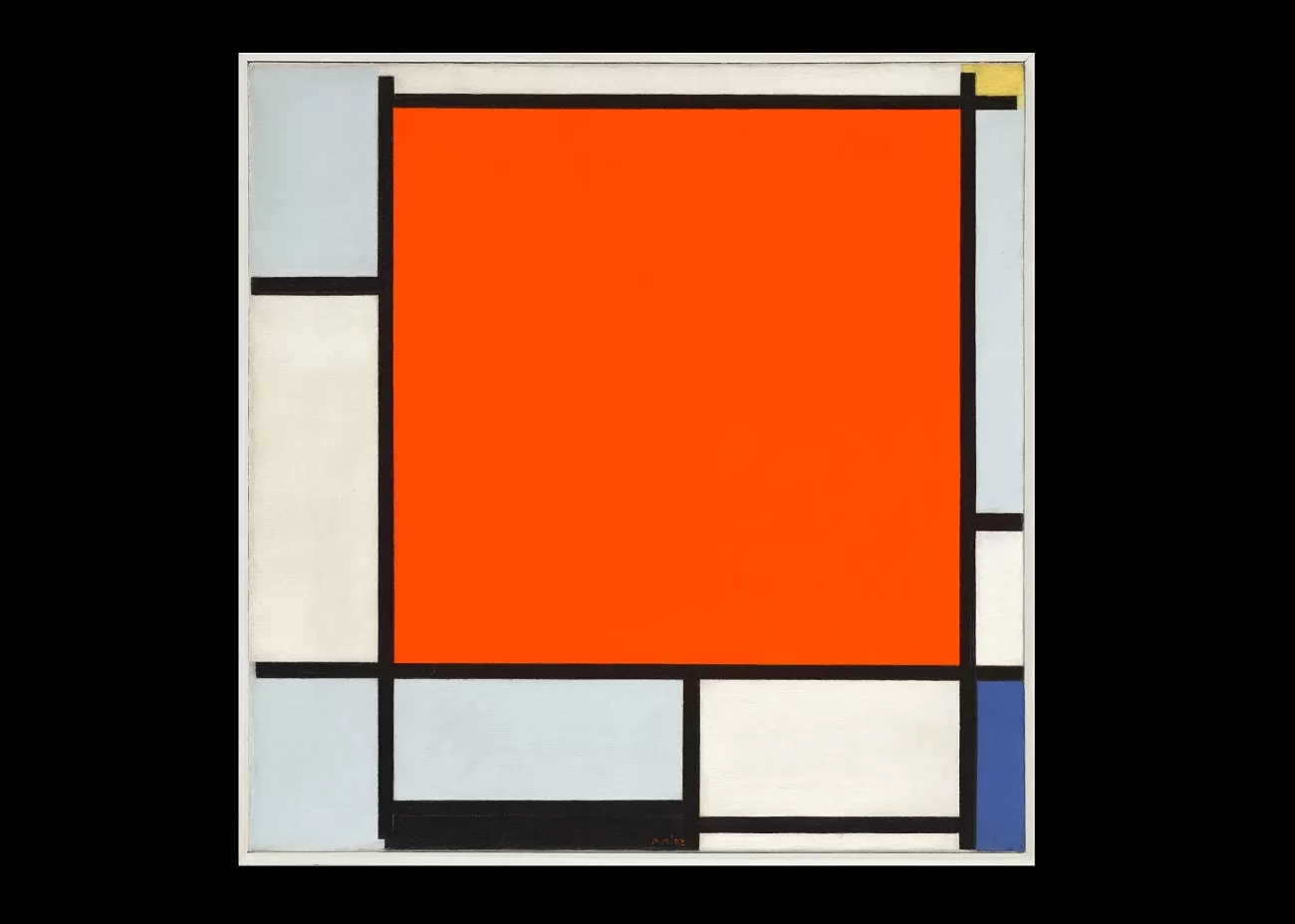 piet mondrian composition with large red plane bluish gray yellow black and blue, christies