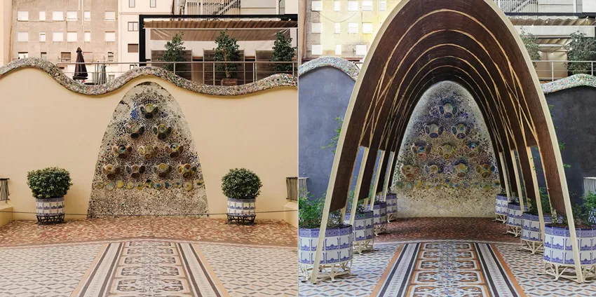 gaudi, casa batllo, restaurare gradina, inainte si dupa