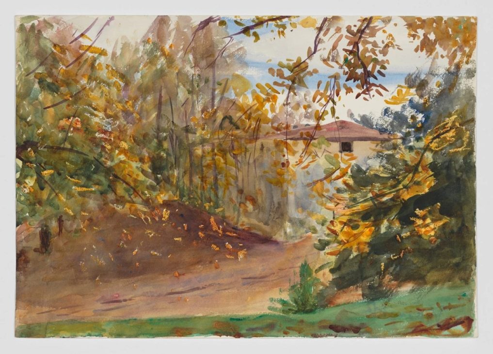emily sargent, garden scene with building, villa varramista (1908)