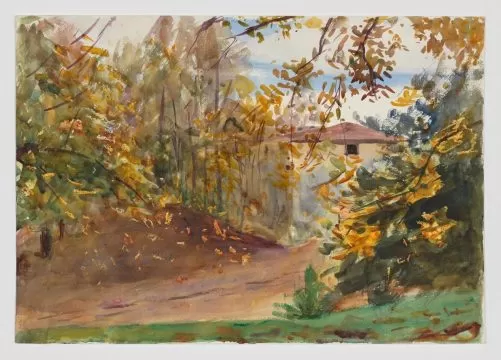 emily sargent, garden scene with building, villa varramista (1908)