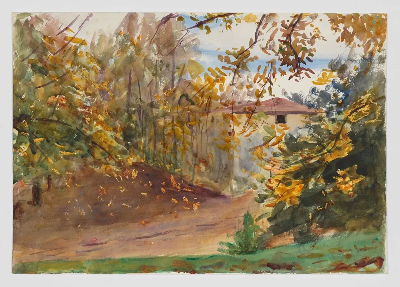 emily sargent, garden scene with building, villa varramista (1908)