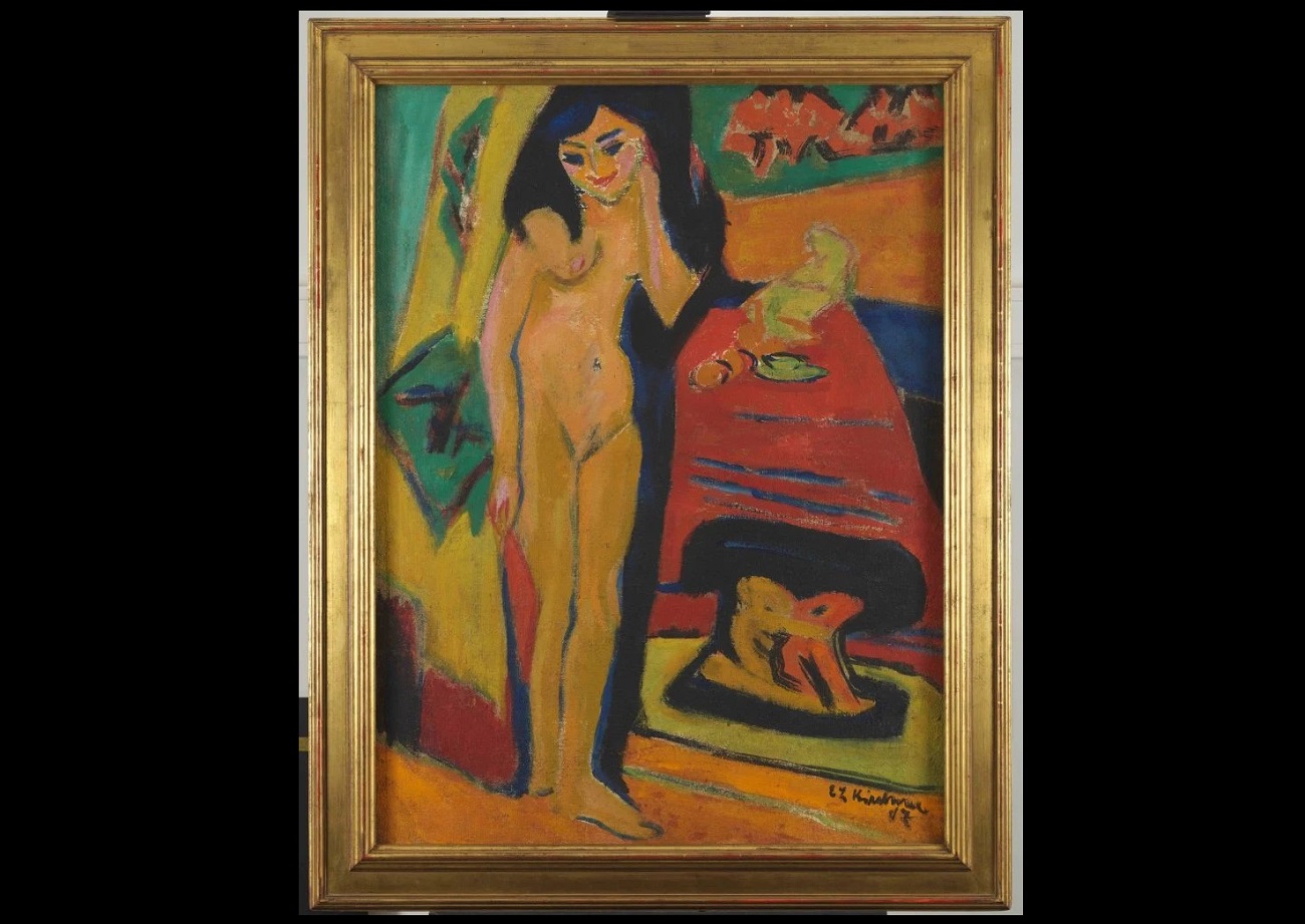 ernst ludwig kirchner, naked girl behind curtain (fränzi), restaurata foto rik klein gotink, stedelijk