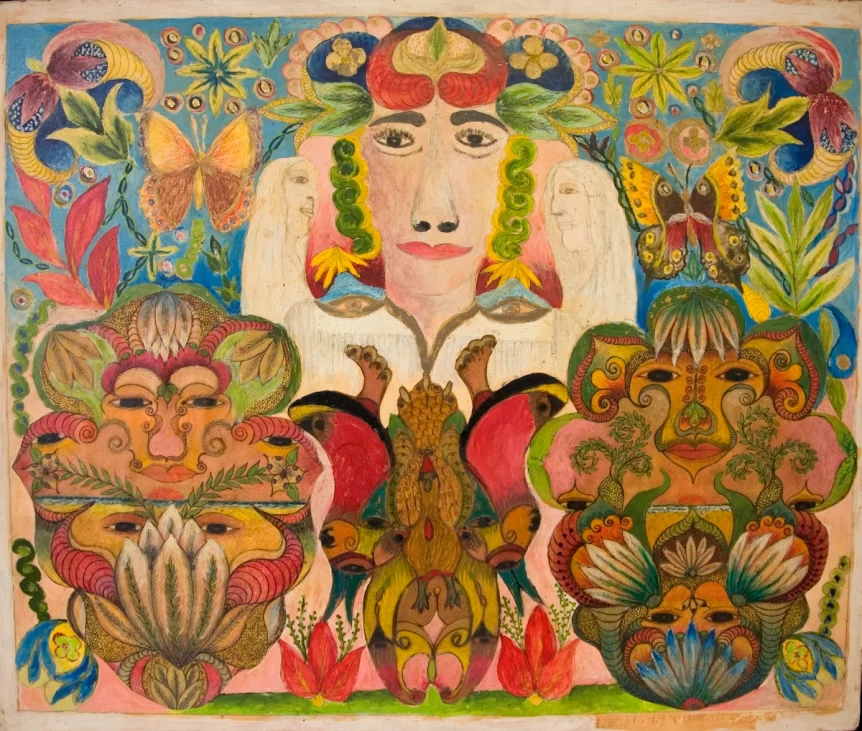 minnie evans, untitled (face flanked by angels and mandalas collage), 1946 1968