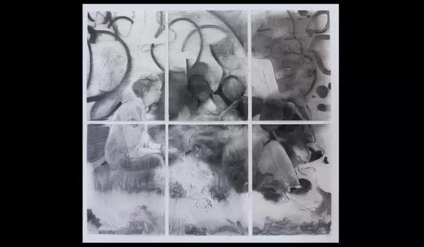 premiul i dragos burlacu, poliptic, under the same sky, cărbune și creion pe hârtie, 142 x 154 cm (2025)