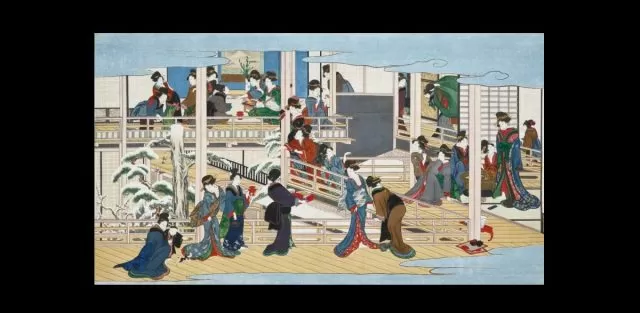 kitagawa utamaro, fukagawa in snow