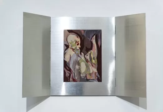 cristina chirila, cutia, relicvar afectiv desimbodiment, broderie textila, cutie din aluminiu, 60 x 97 cm, 2025