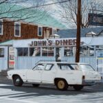 john baeder, john's diner with john's chevelle, 2007, ulei pe pânză