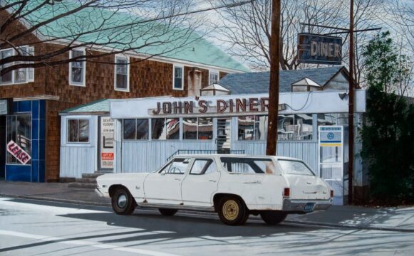 john baeder, john's diner with john's chevelle, 2007, ulei pe pânză