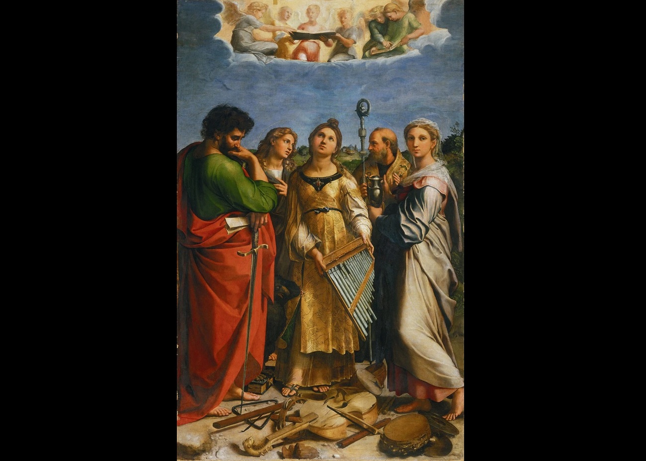 rafael, the ecstasy of saint cecilia with saints paul, john the evangelist, augustine, and mary magdalene, ca. 1515 16