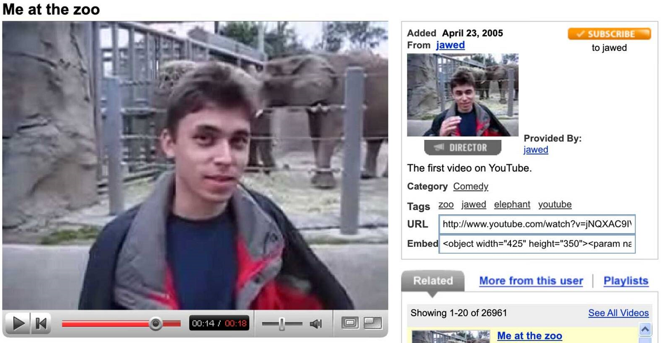 youtube, me at the zoo, reconstruita 2026, v&a