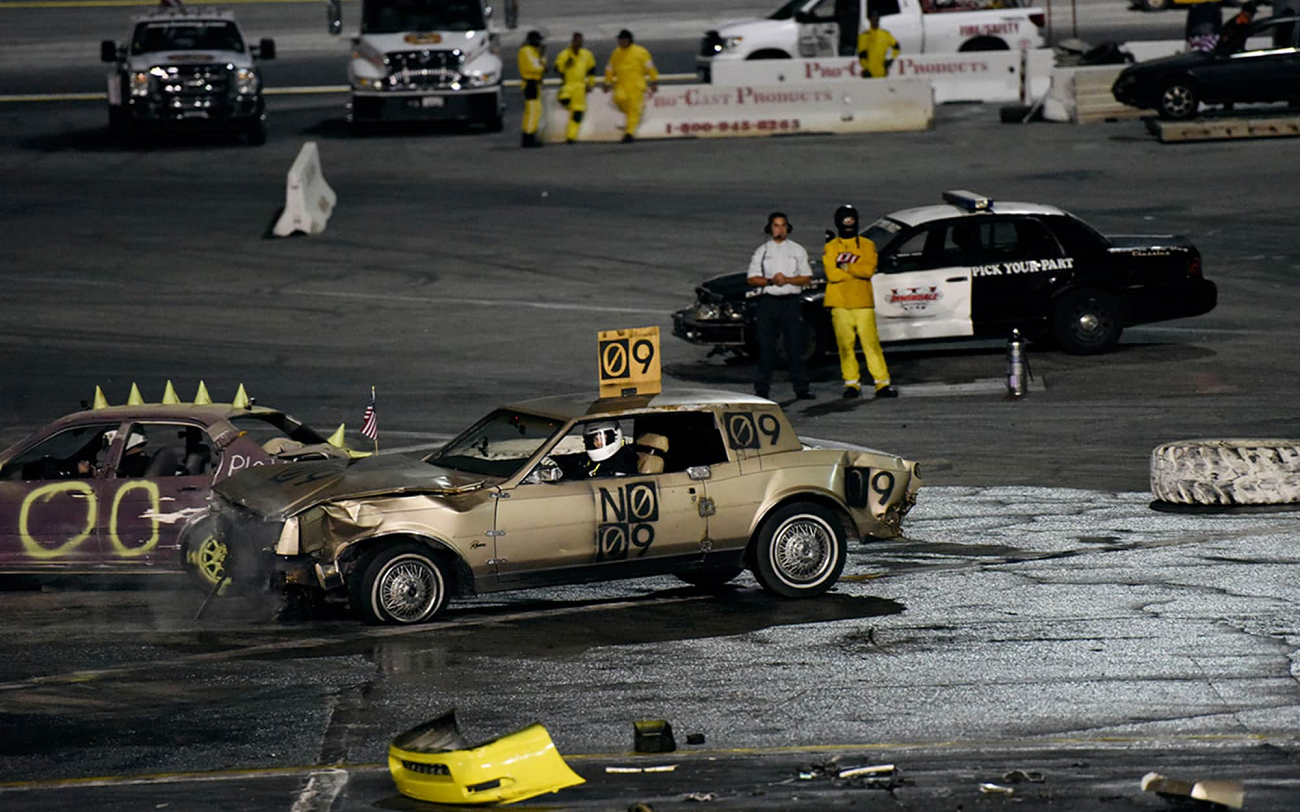 mary ellen carroll, no. 9 (my death is pending...because.) night of destruction with fireworks demolition derby (production still), 2017