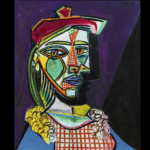 picasso, woman in beret and checkered dress