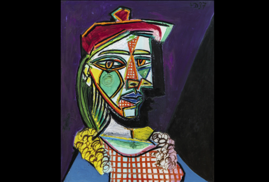 picasso, woman in beret and checkered dress