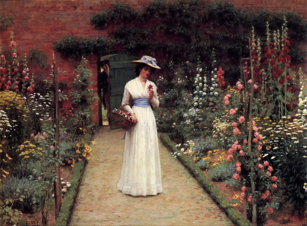edmund blair leighton, lady in a garden. ca. 1906