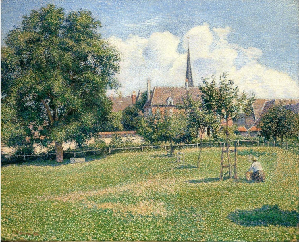 camille pissarro, the house of the deaf woman and the belfry at eragny
